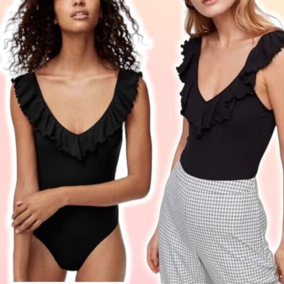 Wilfred Tops - WILFRED Aritzia Danette Ruffle Thong Bodysuit Sz Small Black